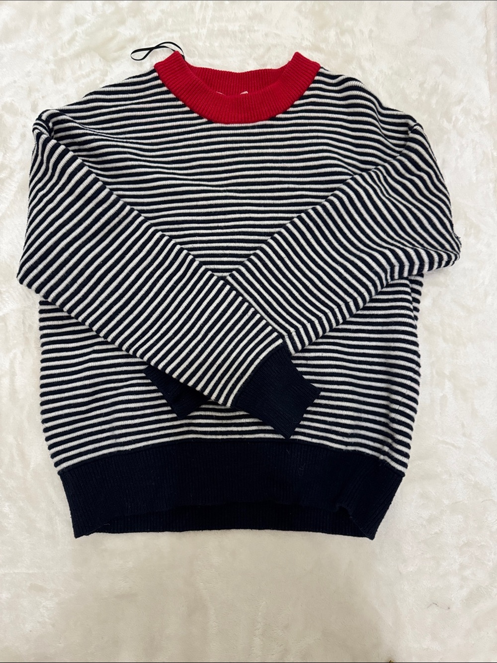 Elodie Black & White Stripe Sweater with Red Collar